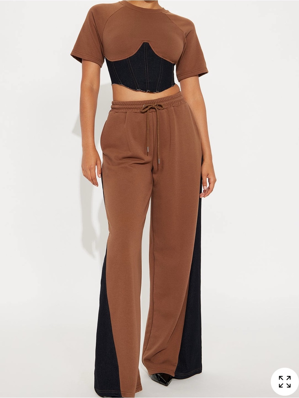 Brown Wide-Leg Drawstring Pants with Black Side Panels